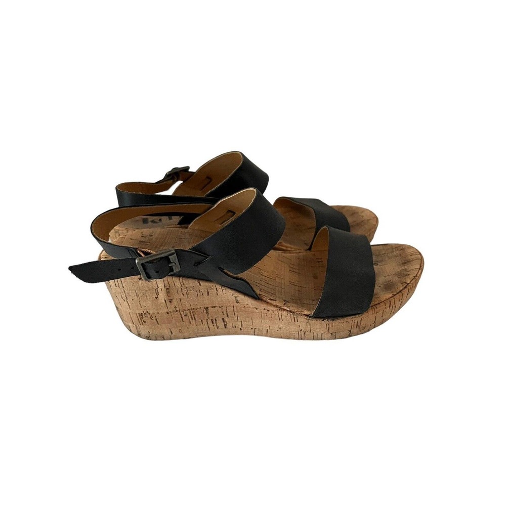 KORKS Womens Shoes AUSTIN Black Leather Platform Cork Wedge Sandals Sz 9